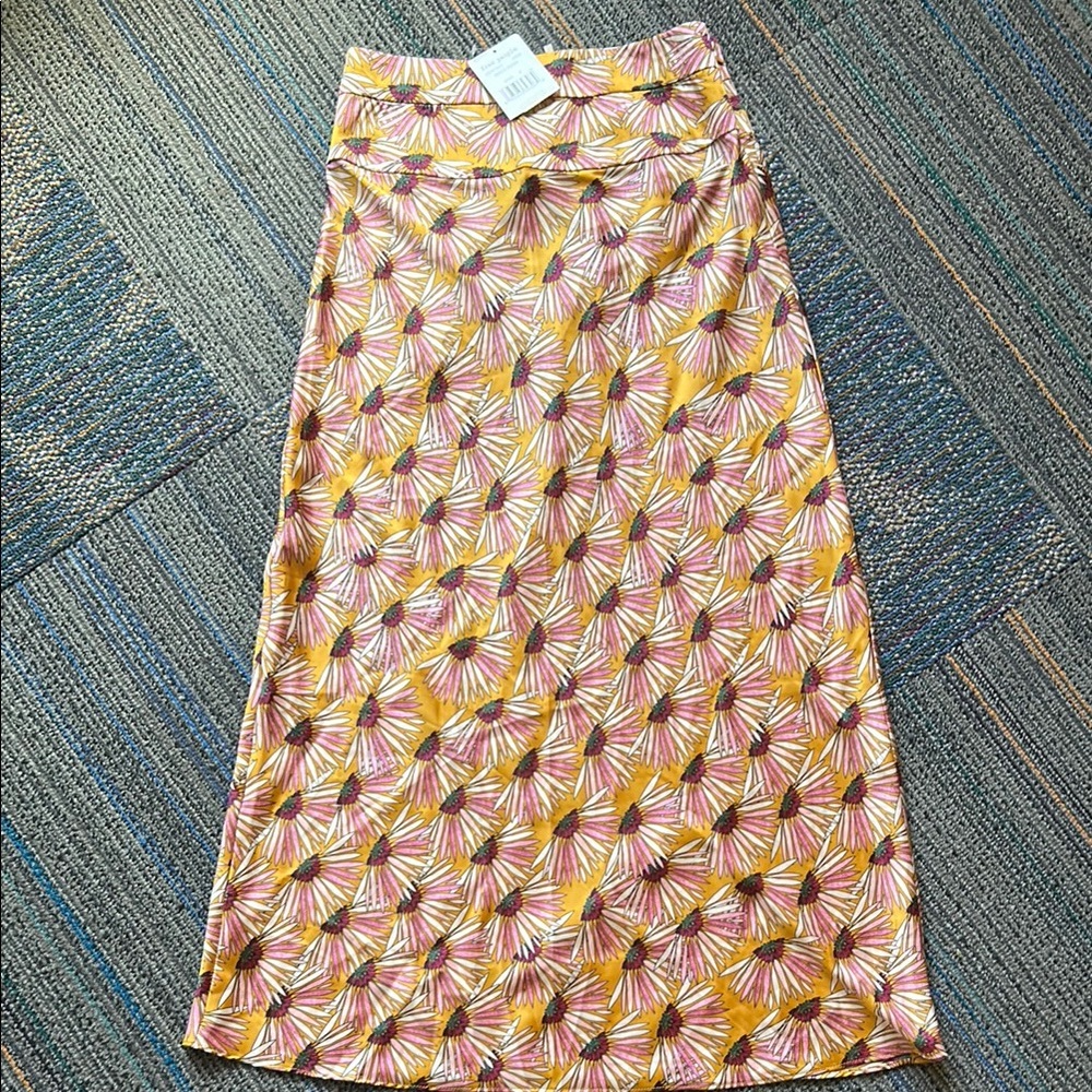 NWT Free People Daisy Floral Silk Midi Skirt  in Yellow and Pink